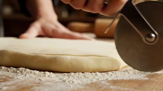 Video of metal pastry cutter slicing through fresh dough, detailed flour texture and shape cut motion, baking process background for recipe, cafe and food marketing visuals.