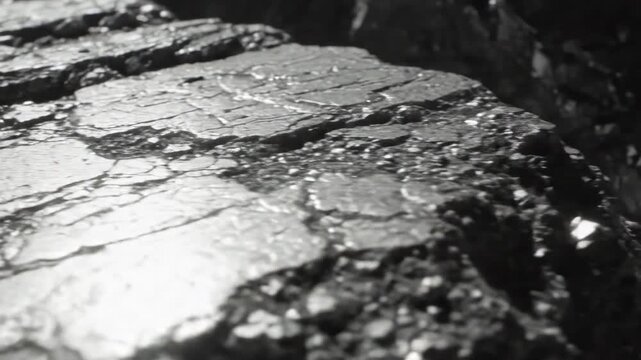 Video of raw silver mineral surface in macro perspective highlighting metallic grain, geology and mining concept, valuable commodity backdrop, textured natural material aesthetic, crystalline silver