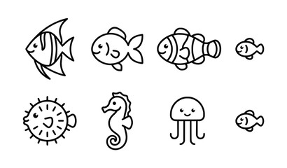 Obraz premium Cute fish line icon set minimal black outline aquatic animal vector icons isolated on white background