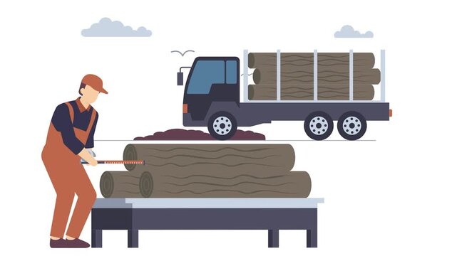 raw log delivery to sawmill or workshop by truck animation, Timber or Lumber Loading and Preparation to factory animated video, carpenter clip, woodworker footage, tradesperson and craftsmen motion