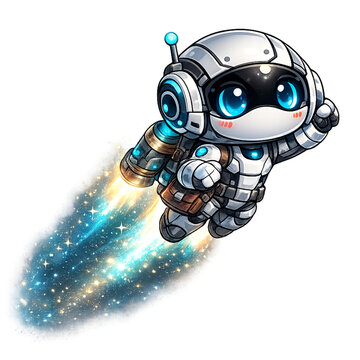 cheerful robot soaring with jetpack, cute flying robot illustration, kawaii robot with jetpack art, futuristic robot flying character, adorable robot jetpack doodle, cartoon robot soaring in sky, play