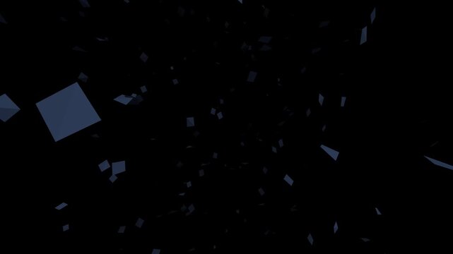 Abstract Dark Blue Shattered Fragments Flying in Black Void Loop, 3D Geometric Polygon Shards Exploding in Dark Space Background, Shattered Reality Digital Polygon Explosion Overlay