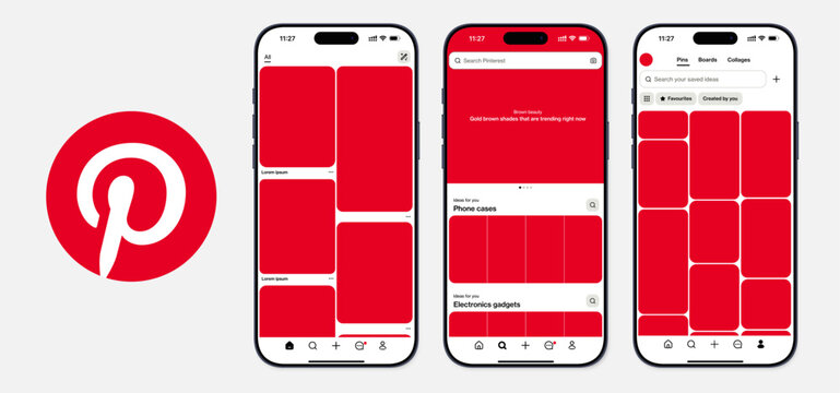 mockup of the Pinterest mobile application interface on smartphone screens, featuring the Home, Search, and Profile tabs. Light and Dark mode.