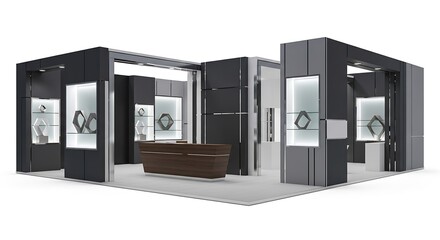 Obraz premium Modern minimalist jewelry store display booth with illuminated glass cases and a central counter