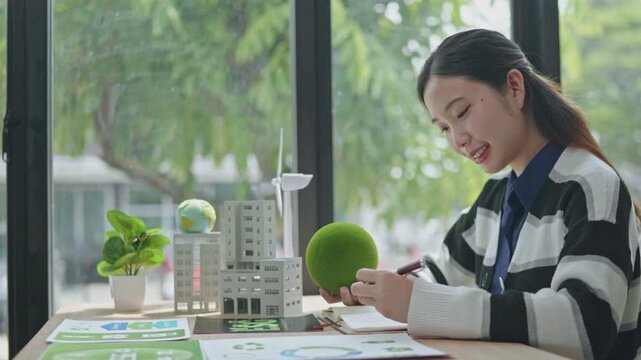 Sustainable development discussion urban office digital content eco-friendly environment close-up view esg principles in action