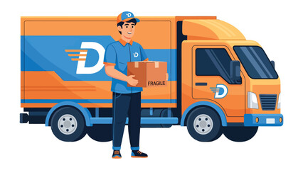 Swift Delivery: A cheerful delivery person stands beside a vibrant orange and blue truck, holding a package, ready to deliver goods, symbolizing reliability and service. © abidakhatun