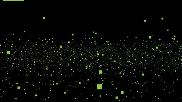 Abstract Green Digital Solar Stream Particles Loop, Futuristic Data Flow and Cyber Energy Stream Background, Sci-Fi Matrix Pixel Wind and Glowing Green Dust