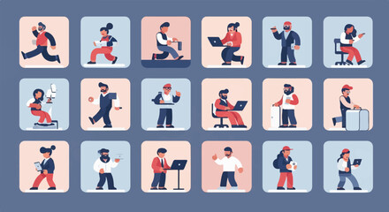 Fototapeta premium Diverse individuals engaged in various professional and personal activities, shown in grid