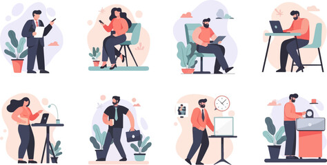 Fototapeta premium Diverse office workers engage in various daily tasks and activities