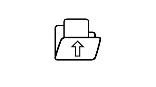 Minimalist animation of a file document uploading from a folder with an upward arrow icon on a white background.