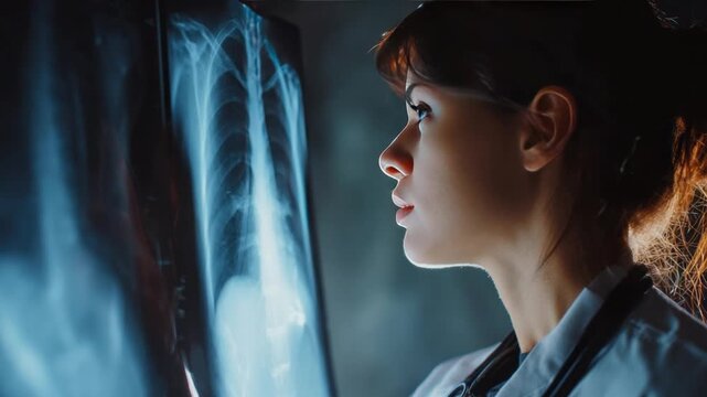 Medical Professional Analyzing Radiograph: A focused medical professional intently examines a chest radiograph, immersed in the intricate details of the image.