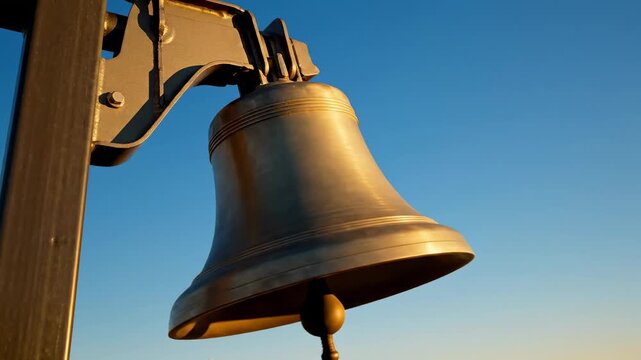 Video ringing school bell close-up with dynamic metal resonance under open blue sky, back to school visual for classroom marketing, learning platforms, and educational content.