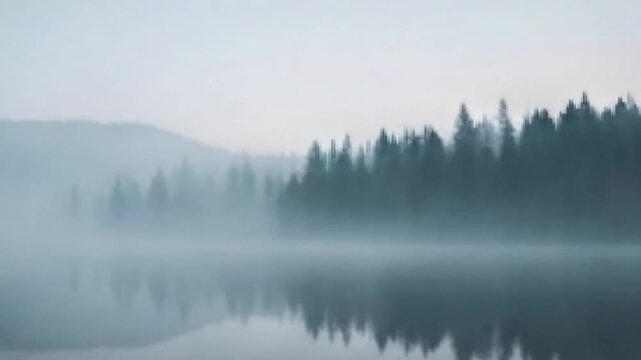 Misty lake reflecting forest silhouette under soft morning fog creating calm natural landscape scene Seamless looping animation video background. 