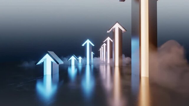 Career Growth Path \'96 glowing upward arrow columns, a sleek corporate-inspired environment with a series of tall vertical columns arranged in ascending height, each column subtly shaped like an