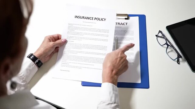 Senior woman hands holding and reading insurance policy contract at desk
