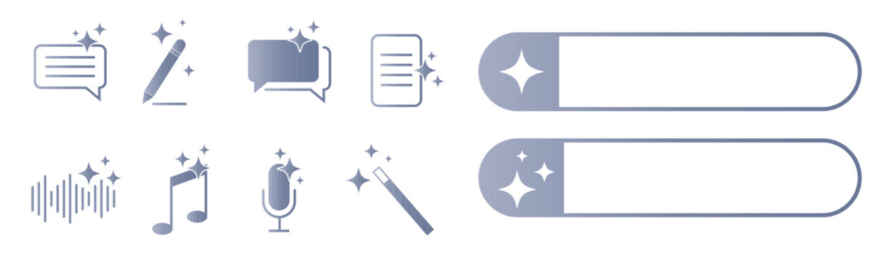 AI tool icon set with audio, music, microphone and control sliders. Artificial intelligence technology concept for generative content, automation, digital assistant, modern software interface design.