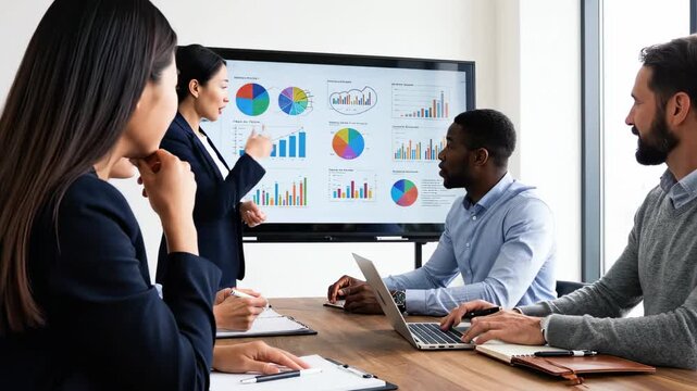 Diverse business team analyzing financial charts and data on a large screen during a strategy meeting