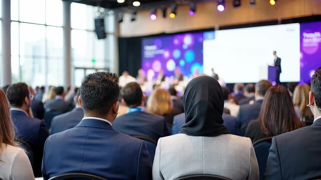 Rear view of diverse business audience listening to speaker at conference. People sitting in convention hall during seminar