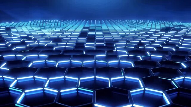 Abstract digital grid of glowing blue hexagonal shapes creates a futuristic technological background.