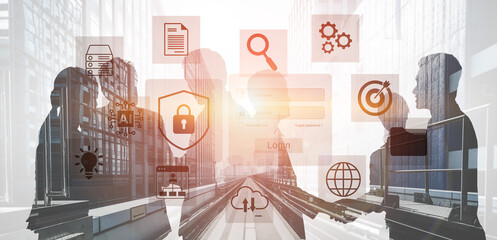 Business professionals engage in negotiation against a backdrop of technology icons, symbolizing...