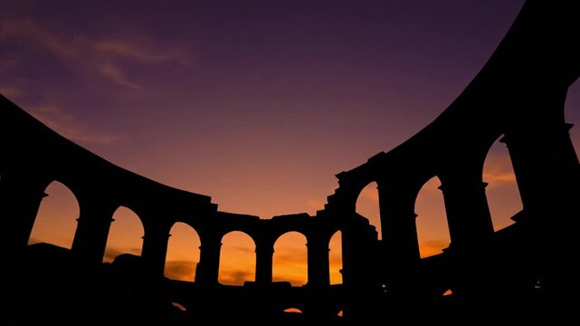 ancient roman colosseum silhouette at sunset isolated on transparent background
