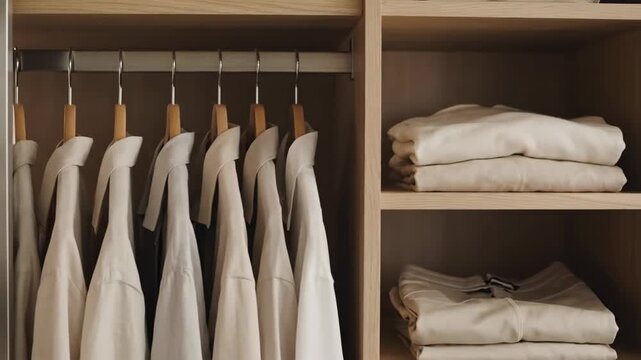 Video of closet organization with hangers sliding motion in tidy minimalist wardrobe, home storage and decluttering concept for lifestyle branding and interior design marketing media.