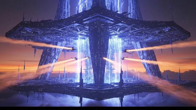 Futuristic Alien Spaceship Docking Station with Energy Beams at Sunset.