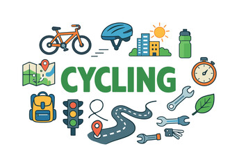 Urban cycling lifestyle focused on eco-friendly transportation, daily commuting, and active city mobility that supports both health and sustainability. CYCLING central title