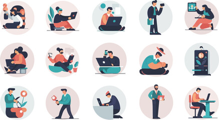 Fototapeta premium Diverse individuals engaged in various digital activities, depicted in circular icons