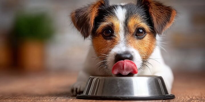 Delightful puppy enjoying a delicious meal, licking a plate of chowder on a cozy dinner table.