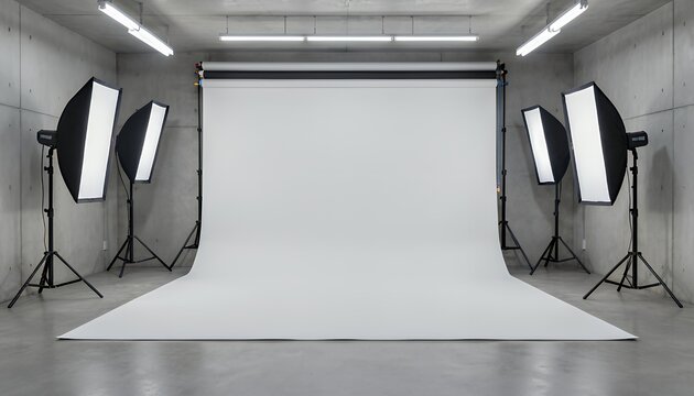 Modern Studio Photography Setup with Softbox Lighting and Seamless White Backdrop Against Concrete Walls
