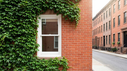 Brick wall of townhouse covered with ivy next to street. Green plant climber on city building facade. Sustainable urban architecture with nature integration for eco friendly living design.