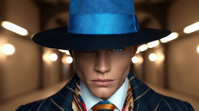 Enigmatic figure, striking blue fedora, tailored pinstripe suit, vibrant silk tie, classic refined style, urban anonymity, sophisticated presence, mysterious dimly lit passage