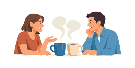 A friendly cafe culture concept illustrating casual conversation and connection during a shared coffee moment, symbolized by two coffee mugs facing each other with soft steam
