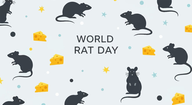 World rat day celebration pattern with black rat silhouettes and yellow cheese on white background
