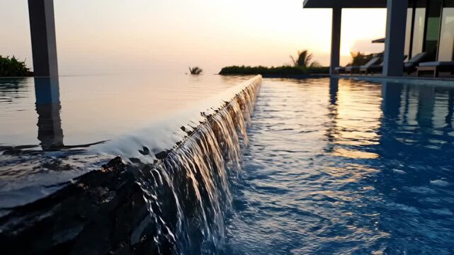 Video of luxury infinity pool edge with continuous overflow stream and calm atmospheric vibe, premium real estate and resort branding concept for commercial stock content.