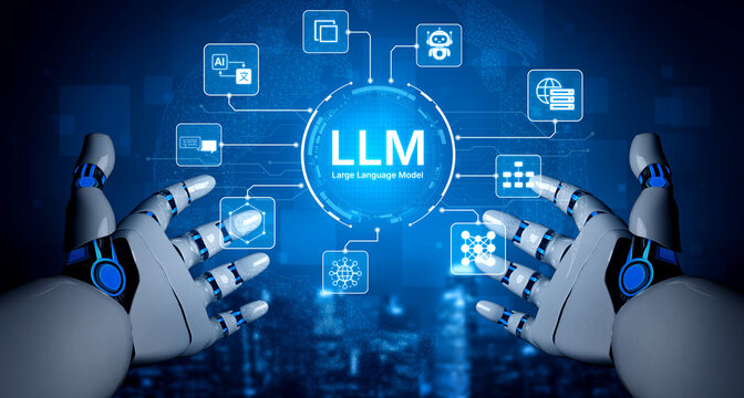 Large Language Model LLM processing data. Represents deep text learning, natural language processing NLP AI tech, transformer architecture, and generative AI deep learning future technology. Corpus