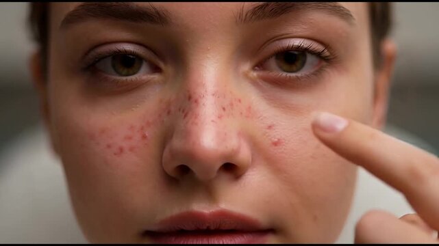 Macro close up female squeezing nose blackhead removal facial skincare pore extraction beauty treatment concept