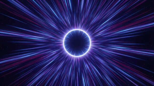 Abstract light speed tunnel effect background with purple and blue neon lines and bright light circle