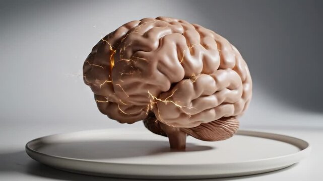 Video of Brainstorming Creativity \'96 Human brain on plate concept, surreal idea generation metaphor, innovation mindset, creative thinking and conceptual business branding visual.