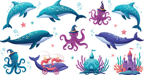 Cute underwater sea creatures illustration set featuring dolphins, octopus, whale and fantasy ocean characters with bubbles, coral and magical elements, colorful marine cartoon vector collection © Shefali