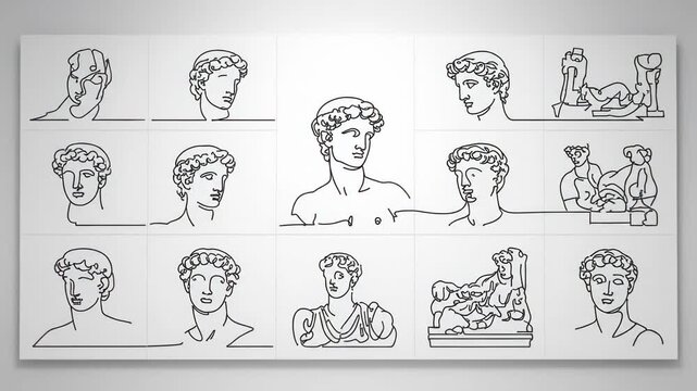 Modern Classical Line Art Collection \'96 minimalist museum sculpture outlines, bright clean background with simplified continuous-line drawings of iconic classical statue silhouettes arranged in