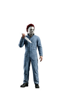 3D illustration of  a scary horror villain wearing a pale white mask and holding a large knife isolated on a white background