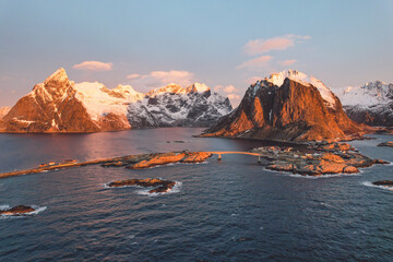 Naklejka premium Aerial view of winter landscape in the morning in Lofoten Islands