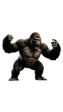 3D illustration of a massive, muscular silverback gorilla roaring fiercely, isolated on a white background