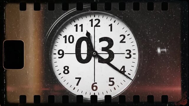 Video of Analog Clock Leader &ndash; Rotating countdown reel, grain texture inspired by vintage film countdown, retro timing concept and classic cinema production aesthetic for media branding and broadcast