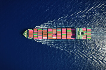 High aerial overhead view of a large industrial container cargo vessel sailing over the ocean with speed © moofushi