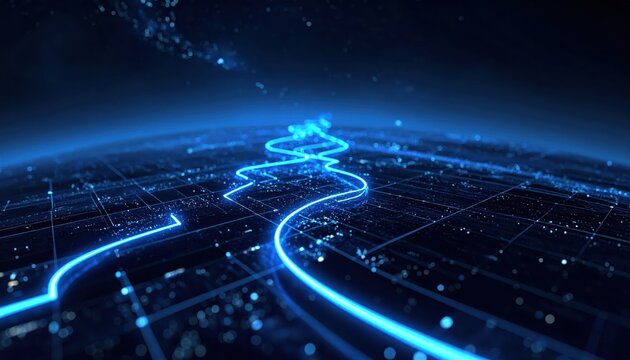Vibrant blue data pathways glowing intensely across a dark, digital landscape representing technological connection and information flow