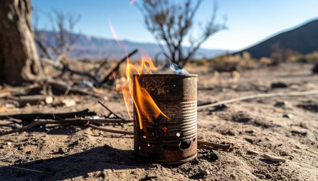 Rusty tin can used as a makeshift stove burning with flames in a dry outdoor landscape