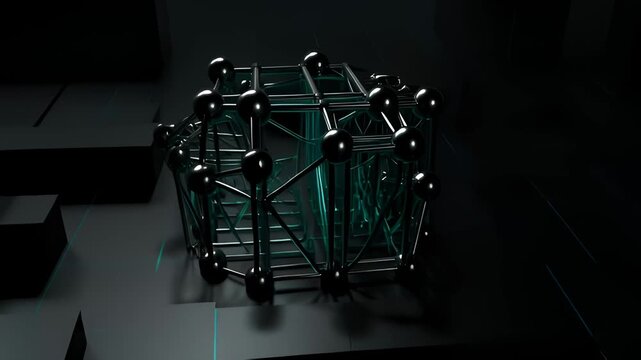Abstract Molecular Structure Forming a Cube in Dark Futuristic Environment